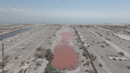 Raw D-Log Aerial Tracking Shot of Polluted Red Water Canal Leading to Salton Sea California