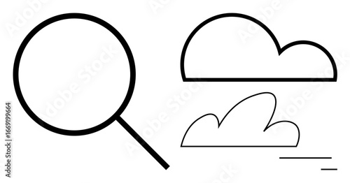 Minimalist magnifying glass alongside two stylized clouds, symbolizing focus, observation, and exploration. Ideal for search, research, environment, innovation, learning evaluation simple landing