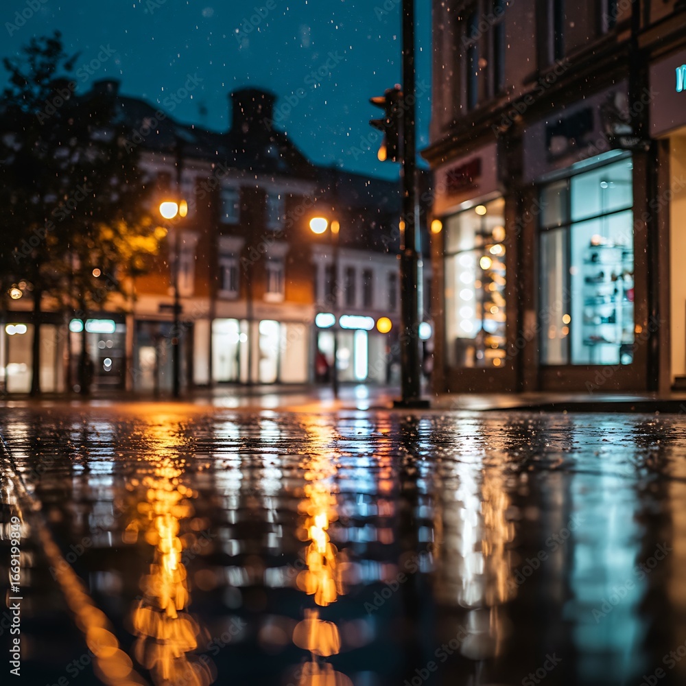 Fototapeta premium Street corner with soft rain reflections