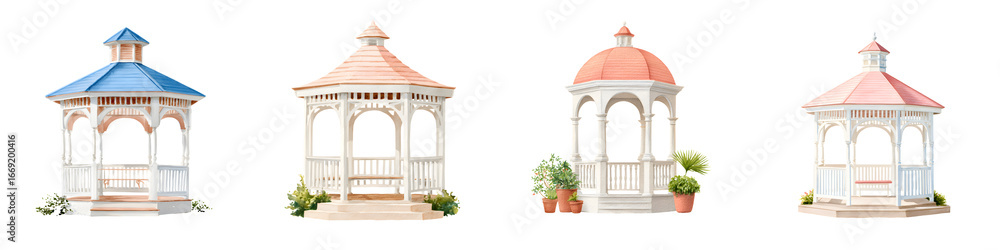 Obraz premium Watercolor Gazebos: Garden Structures with Elegant Details on White Background