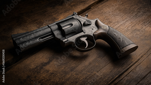 Engraved revolver firearm on wood surface. Antique style weapon with rich details
