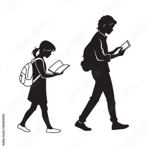 students with books silhouette clip art logo design concept illustration 
