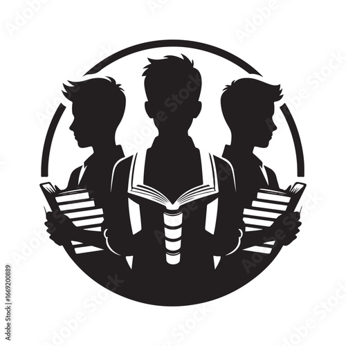 students with books silhouette clip art logo design concept illustration 