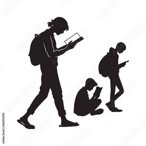 students with books silhouette clip art logo design concept illustration 