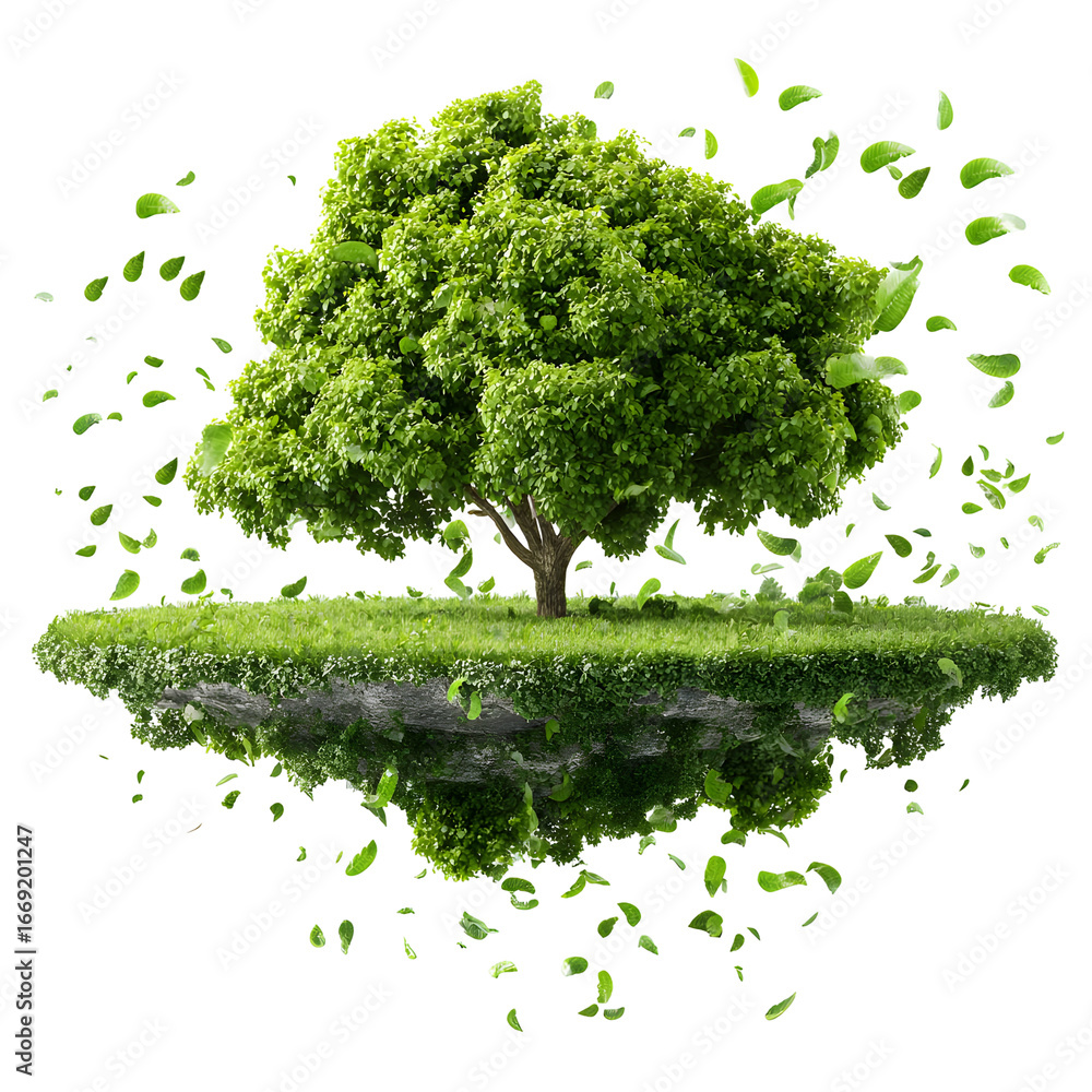 Fototapeta premium Surreal representation of nature: a floating green island with a tree and leaves