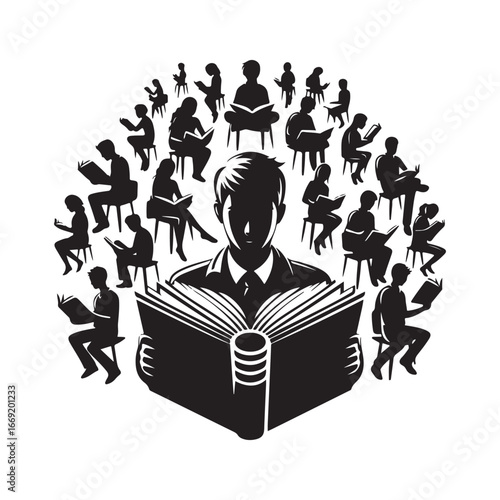 students with books silhouette clip art logo design concept illustration 