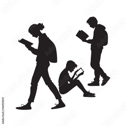 students with books silhouette clip art logo design concept illustration 