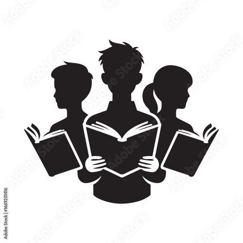 students with books silhouette clip art logo design concept illustration 