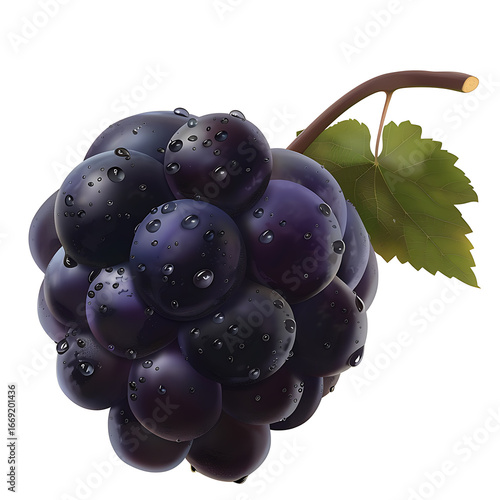 Cluster of Dark Purple Grapes with Dew Drops and Green Leaf