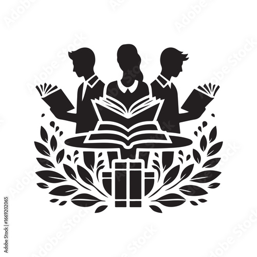 students with books silhouette clip art logo design concept illustration 