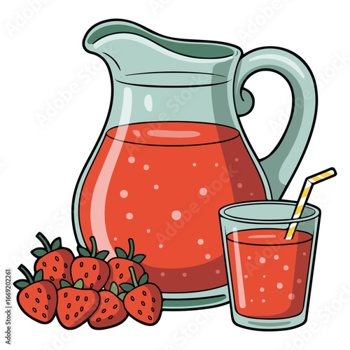 Cartoon fruit juice in jar and glass with ripe fruits isolated vector illustration on white background