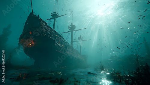 Very beautiful underwater view with an old ship that sank long ago 