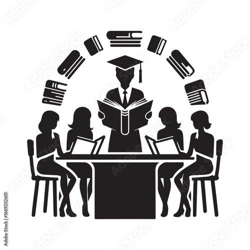 students with books silhouette clip art logo design concept illustration 