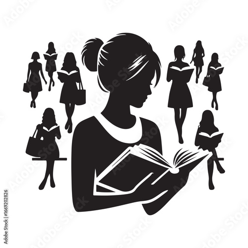 students with books silhouette clip art logo design concept illustration 