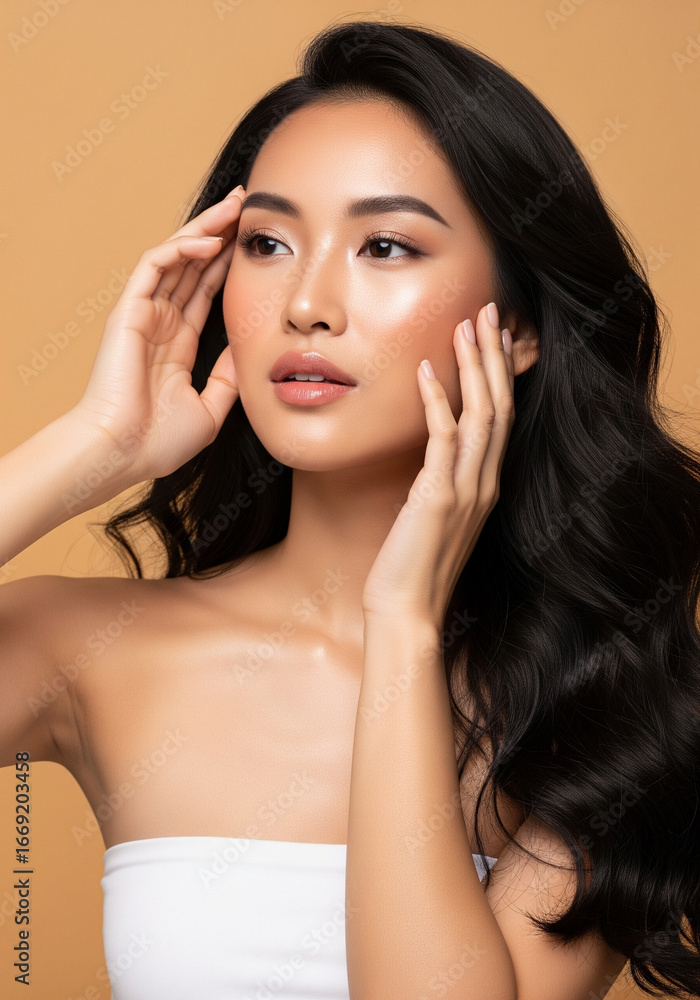 Fototapeta premium A serene portrait of a beautiful woman, capturing her elegance. She is touching her face delicately. With her radiant skin and long dark hair