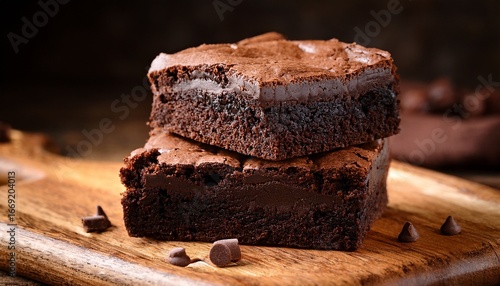 delicious double chocolate brownies stacked on a wooden board