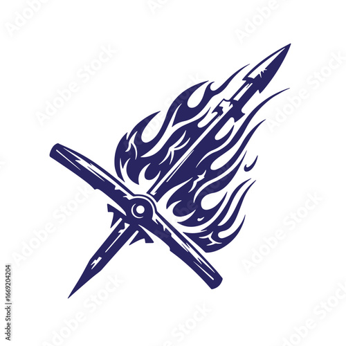 Abstract illustration of sword and pickaxe with tribal style flames and detailed vector design