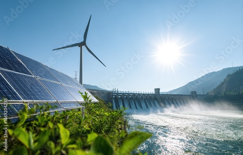 Renewable Energy Mix: Solar, Wind, Hydropower: Represents clean energy, ideal for environmental, tech, or sustainability visuals