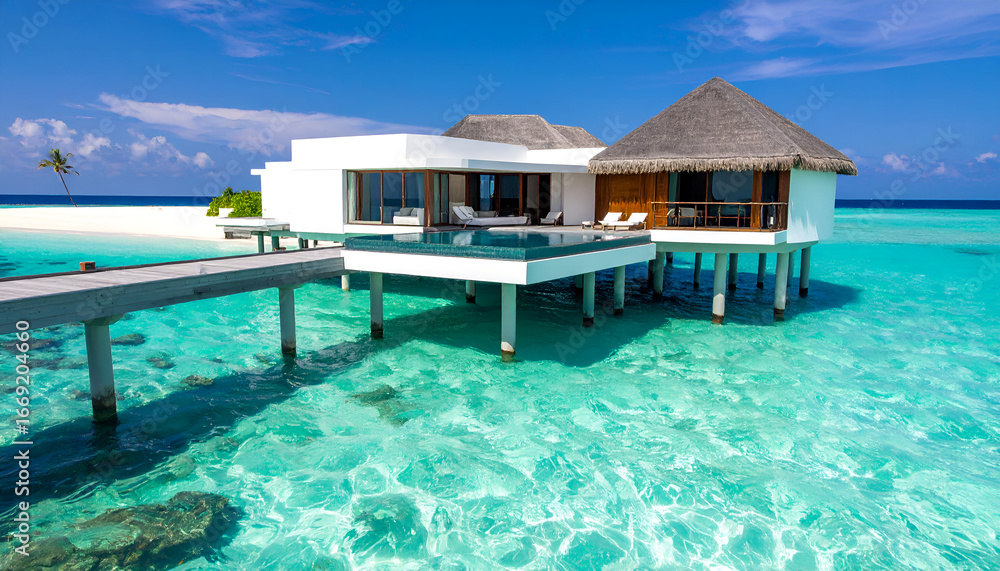 Fototapeta premium Overwater Luxury Villa with Glass-Bottom Pool Above Transparent Turquoise Waters