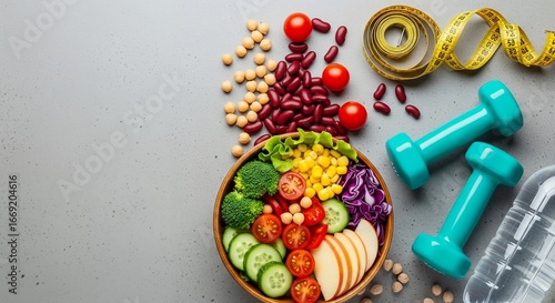 Healthy Eating and Fitness Vibrant Vegetarian Salad with Dumbbells and Measurement Tape on Gray Background