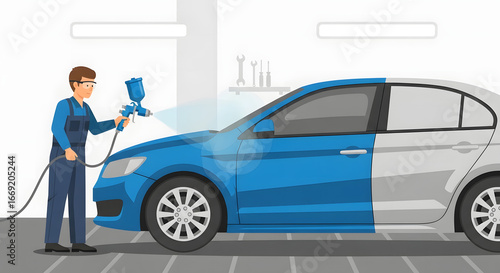 car painter applying fresh blue paint to vehicle