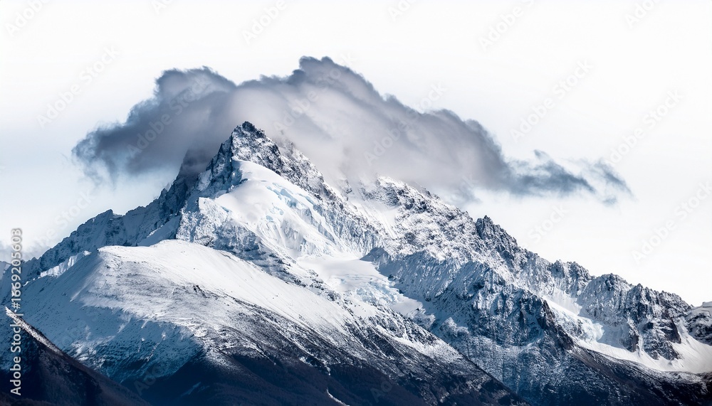 Fototapeta premium snow covered mountain peak with clouds on a white isolated background
