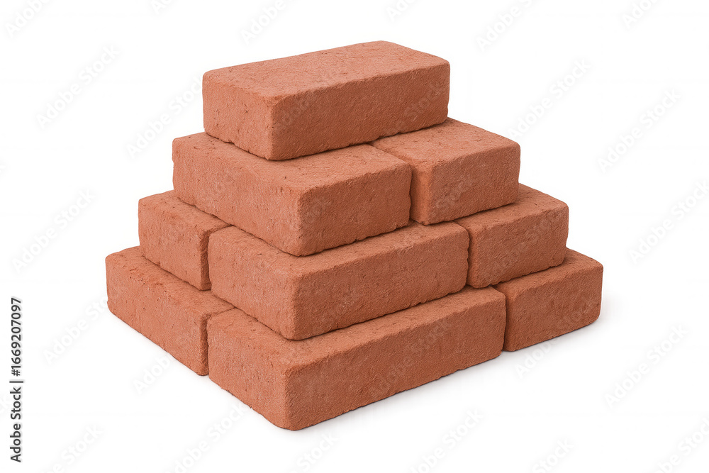 Obraz premium Stacked red bricks forming pyramid pattern, highlighting architectural design and construction materials with clean, minimalist visual presentation