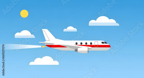 airplane flying blue sky clouds sun flat design