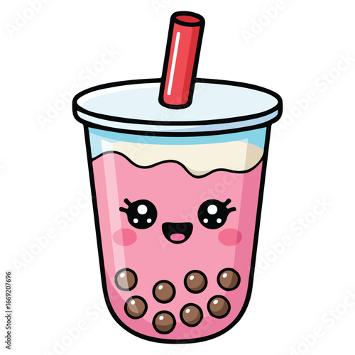 Bubble milk tea cup with straw isolated vector illustration on blue background