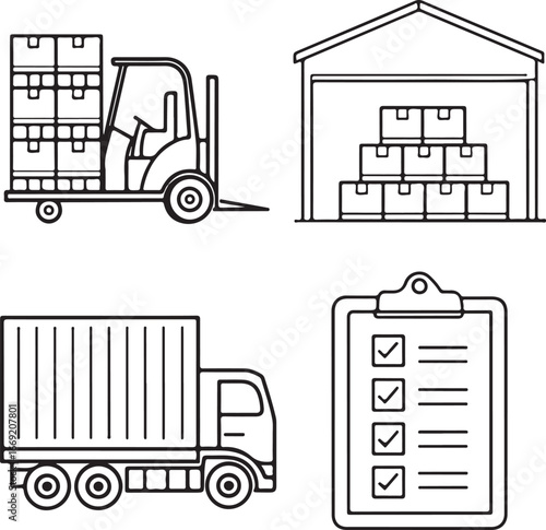 Warehouse Forklift, Truck, and Checklist Line Icons – Logistics and Shipping Vector Set