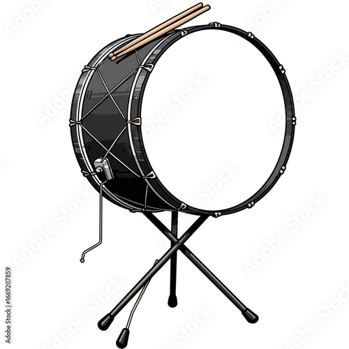 bass drum with a pair of drum sticks. The drum stands upright on a black stand with two crossed legs for support.
