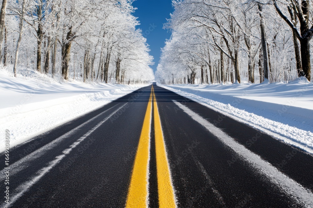 Obraz premium Winter Road Serenity: Asphalt Path Through Snow-Laden Trees Under Clear Blue Sky