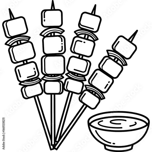 Four grilled appetizer skewers with vegetables and a dipping sauce, black and white line art illustration