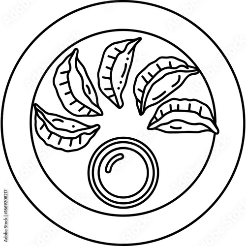 Simple line art icon of Asian gyoza dumplings with dipping sauce on a plate, top view