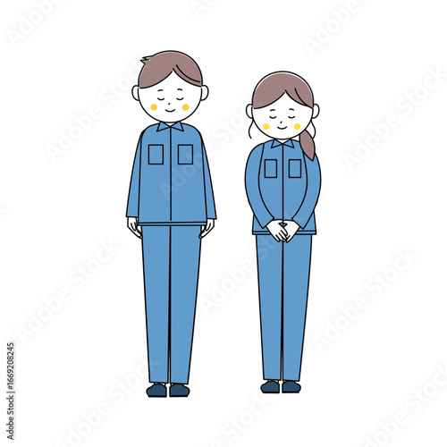おじぎをする作業着姿の男女の全身イラスト