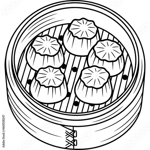 Steamed Dim Sum in Bamboo Steamer A Delicious Asian Cuisine Illustration