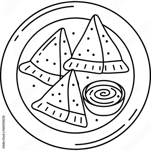 Savory Indian samosas with dipping sauce served on a plate, minimalist outline vector icon illustration