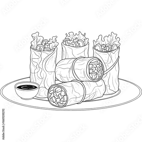 A detailed line art illustration of fresh Vietnamese spring rolls arranged on a plate with a side of dipping sauce, perfect for a coloring page or menu design