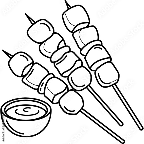 Three delicious skewers with a bowl of dipping sauce