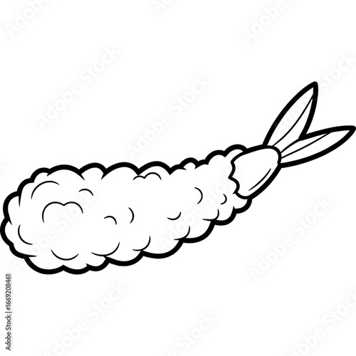 Simple black and white line art drawing of a single Japanese shrimp tempura. Vector illustration of fried seafood for a coloring book