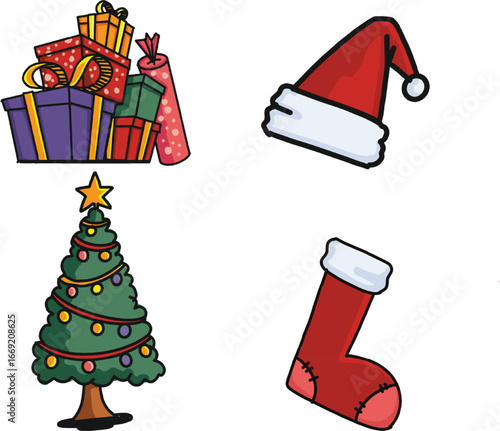 Christmas Icons: Gifts, Santa Hat, Tree, and Stocking