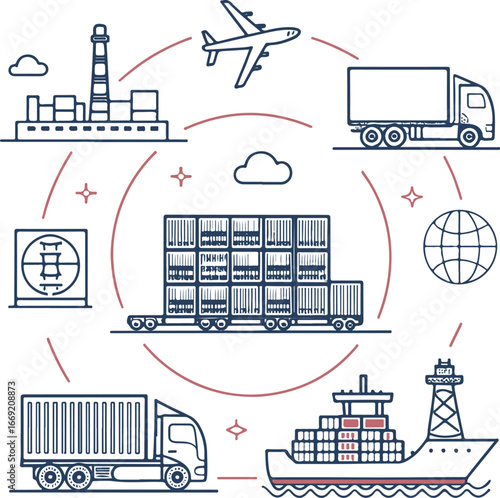 Global Logistics and Freight Transport Icons – Shipping by Air, Sea, and Land Vector Set