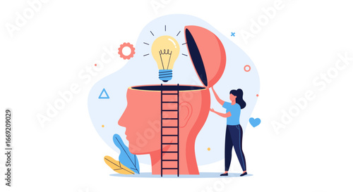 Woman opening mind to new ideas with glowing lightbulb - innovation and creativity concept