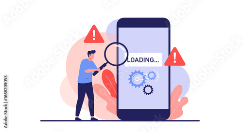 Man investigates mobile phone loading error showing exclamation warnings, system failure concepts