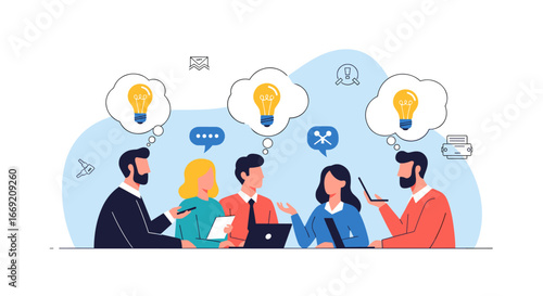 Team brainstorming ideas with light bulbs in thought bubbles during a collaborative meeting