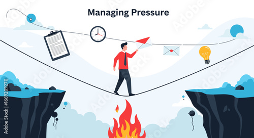 Businessman balancing on tightrope over fire representing pressure and challenges in business life