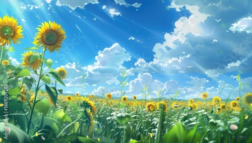 Fototapeta Naklejka Na Ścianę i Meble -  Illustration of a vibrant sunflower field under a sunny blue sky with puffy white clouds