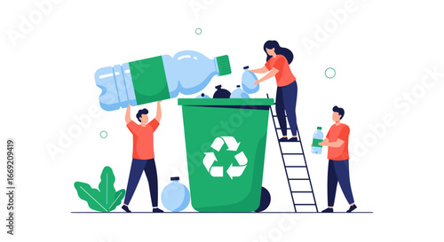 People recycling plastic bottles together at a green trash can with recycle symbol
