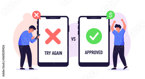 Mobile payment success vs failure concept, approved or declined, digital transaction illustration