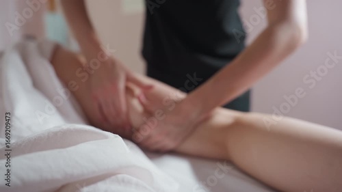 Wallpaper Mural Massage therapist applying focused pressure on client's back thigh using both hands during professional body treatment session, with soft lighting and slight motion blur adding calm atmosphere Torontodigital.ca